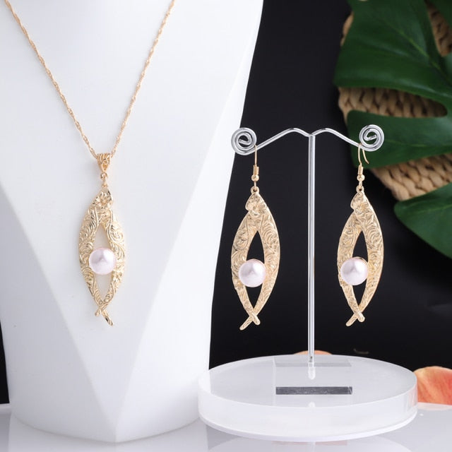 Cring Coco 2021 Earrings Necklace Set Hawaiian Polynesian Samoa Gold Colorful Pearl Pendant Necklace Jewelry Set for Women Girls